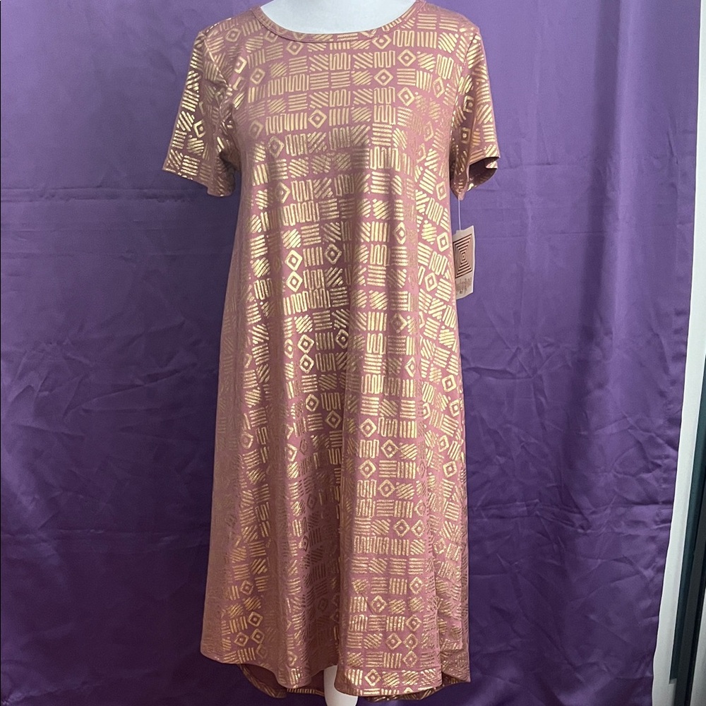 LuLaRoe Carly Dress in Gold Geometric Pattern
